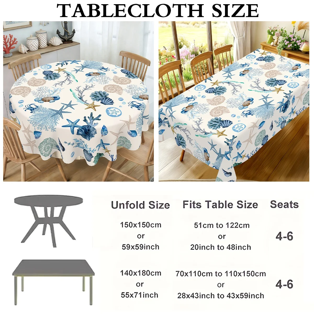 Ocean Starfish Tablecloth Polyester Rectangle & Round Table Cover Waterproof Stain Resistant Wrinkle Free Indoor Outdoor Table