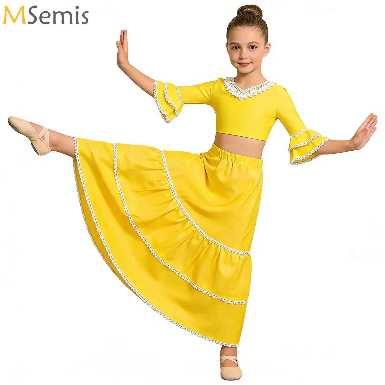 

Kids Girls Flamenco Dance Suit Skirt Ruffle Sleeves Crop Top with Ballet Belly Dance Gypsy Long Skirts Dancer Practice Wear