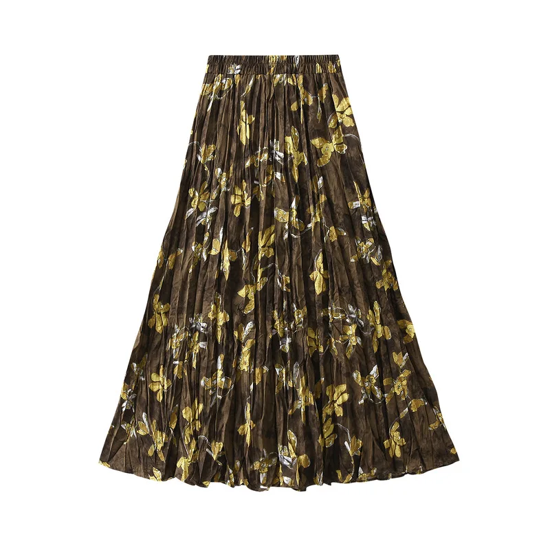 

Vintage Women's Skirt French Style Elastic High Waist Floral A-Line Pleated Maxi Skirt Women's 2025 New Summer