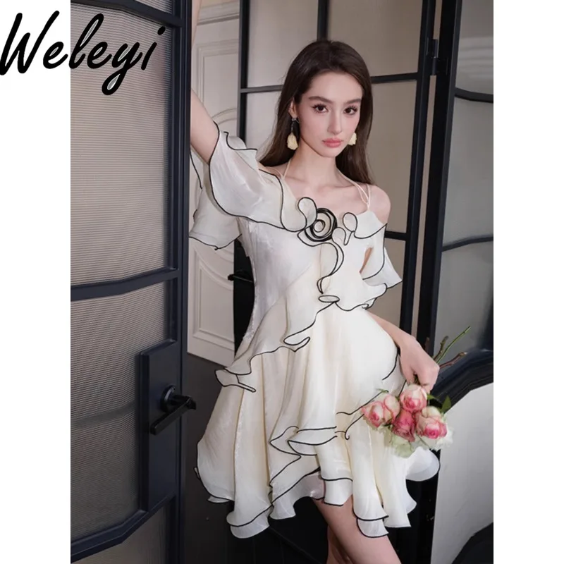 

Wealthy Clothes for Women Sling Y2k Dress White Lotus Leaf Shaped Fashion Large Swing Dresses Cutecore Summer New Elegant Frock