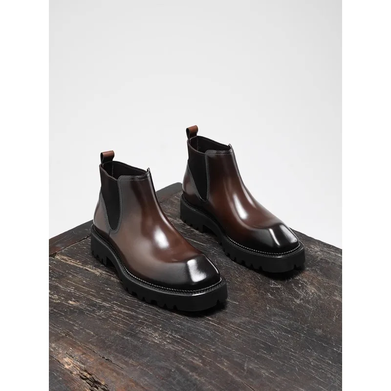 

Men Boots British Style Trendy Handmade Diamond Head Casual Business High Top Leather Shoes Thick Sole