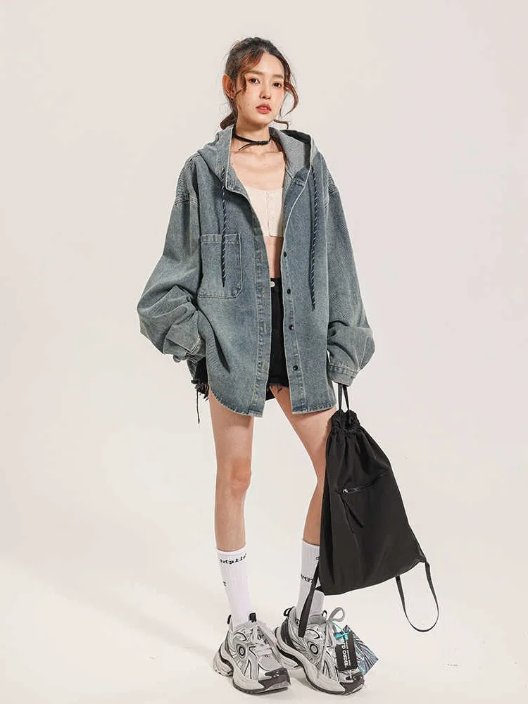 Retro Hooded Denim Shirt Jacket Casual Long Sleeve Loose American Trendy Brand Top for Men And Women Spring Autumn New Style