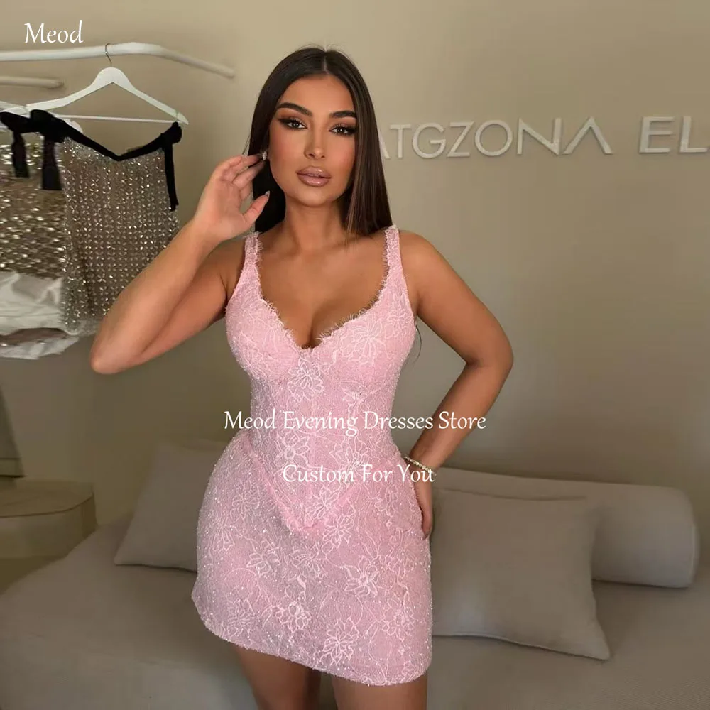 

MEOD Sweetheart Mini Lace Prom Dress Spaghetti Straps Appliques Birthday Dresses Sexy Pink Short Graduation Gown Customized