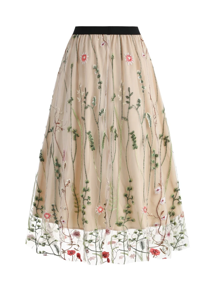 Tonval Floral Embroidered Mesh Overlay Lined Long Skirt Elastic Waist Women Elegant Festival Outfit Summer Vintage Skirts