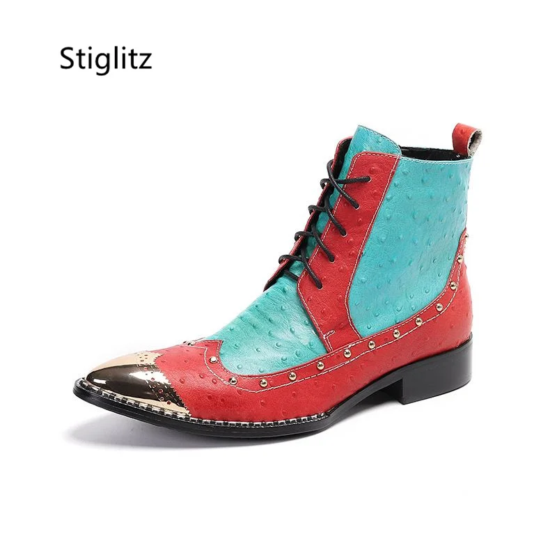 

Blue Red Patchwork Ankle Boots Pointy Zip Casual Genuine Leather Men's Boots Metal Toe Rivet Lace Up Business Shoes for Men