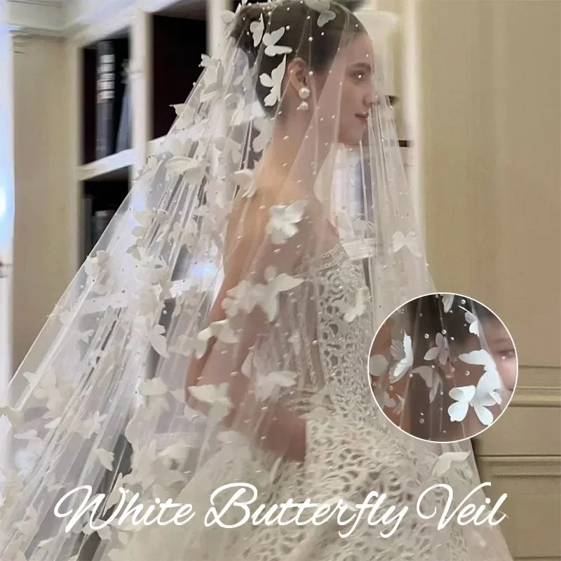 White Butterfly Veil Women Bride Pearl Long Trailing Wedding Veil Party Accessories 3D Flowers Bridal Veils for Wedding Dress