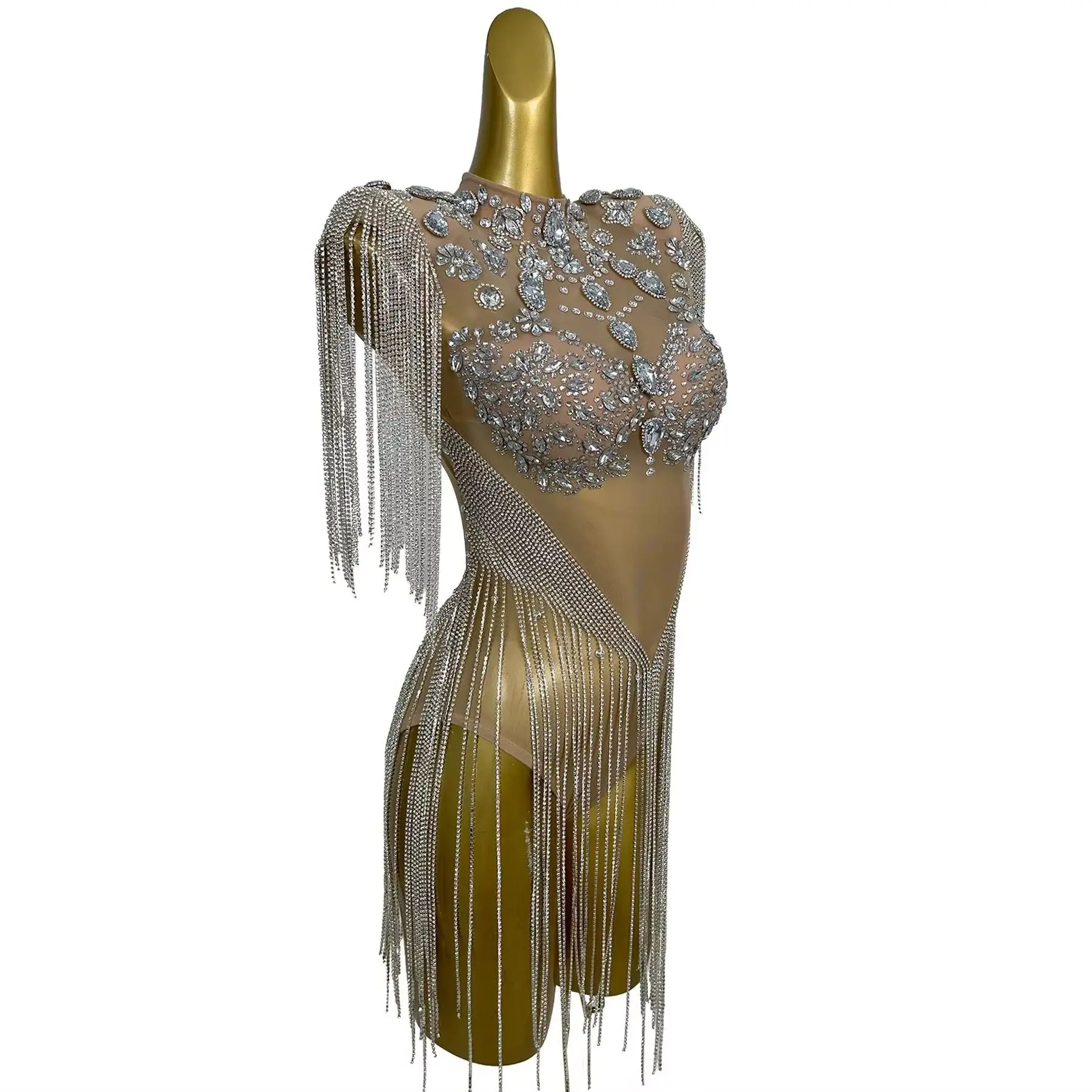 Luxury Rhinestone Fringe Mesh Bodysuit Sparkly Tassel Outfit Women Singer Concert Nightclub Stage Performance Sexy Costume Wuyin