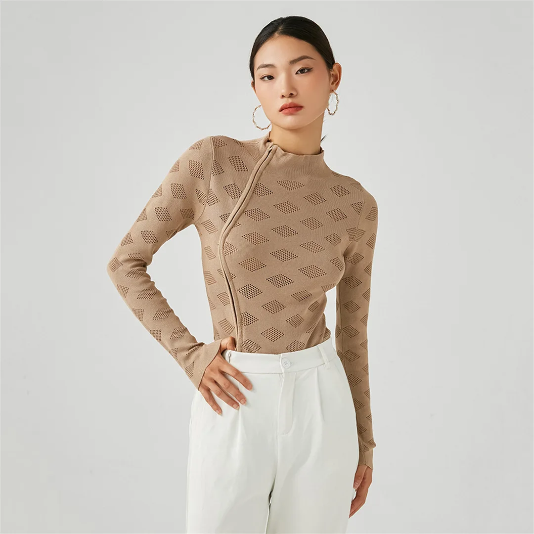 

Женский нерегулярный двуглавый вязаный свитер на молнии с половиной высокого воротника и длинными рукавами