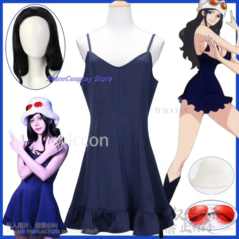 

Аниме Miss Allsunday Косплей Нико Робин Костюм Сексуальные Девушки Женщина Синее Платье Белая Шляпа Очки Реквизит Для Хэллоуина Cos disfraz