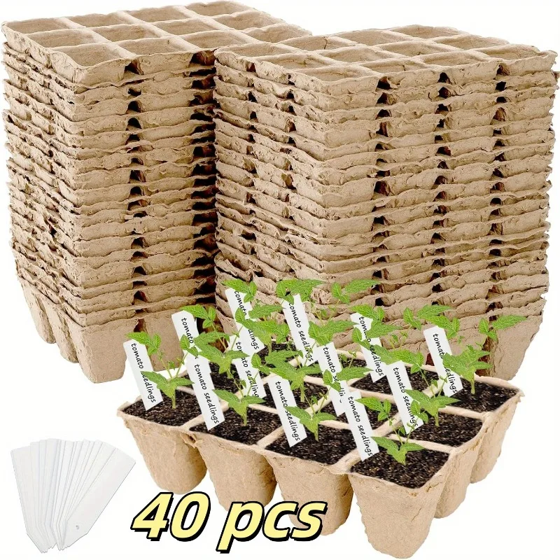 40 Pack Peat Seed Starter Trays with 40 Plants Labels 480 Cells Seedling Start Pots Kit Gardens Germination Plant Starter Trays