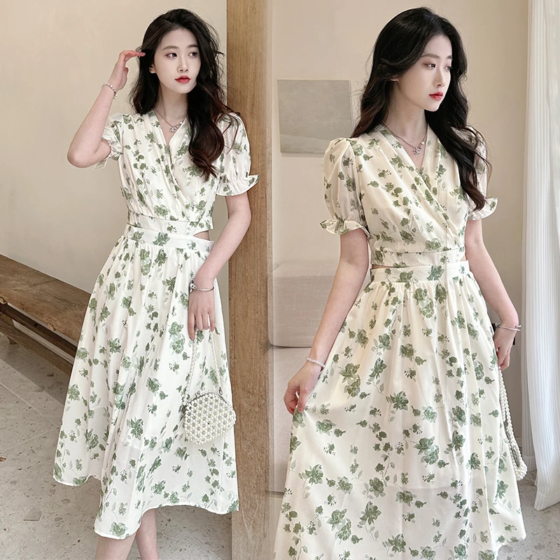 Summer new chiffon floral dress with slim waist and gentle style, stunning milk sweet long skirt