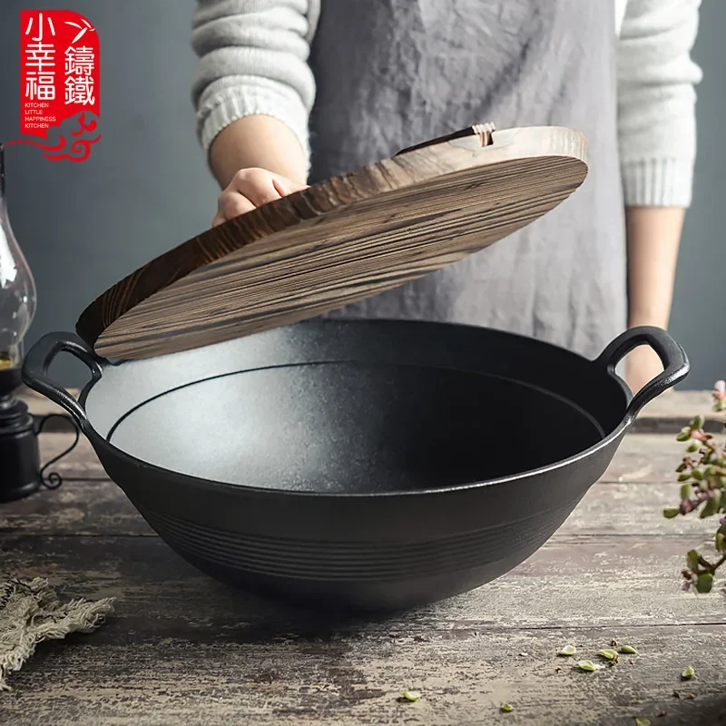 Iron wok Chinese Traditional Uncoated Frying Pan Handmade iron wok pan Kitchen Cookware 36cm Large Cast iron pots for cooking