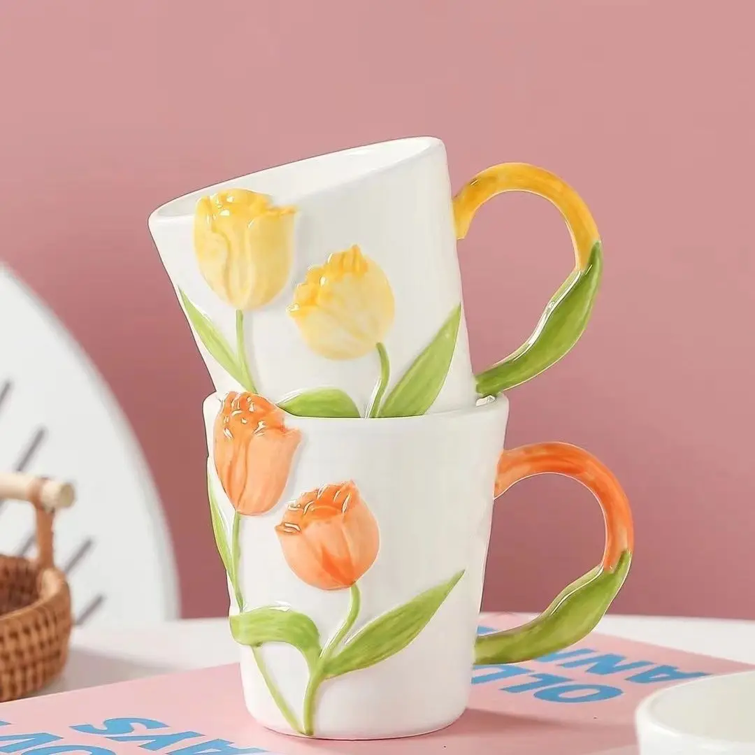 Multi Colored Tulip Mug,High-value Ceramic Home Water Coffee Cup,Women's Office 3D Relief Couple Cup,Birthday Gift Photo Props