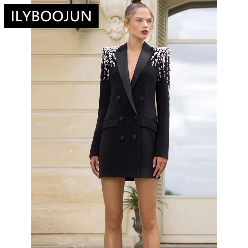 

ILYBOOJUN Newest 2024 Designer Jacket Women's Double Breasted Rhinestone Diamonds Beaded Long Blazer Dress