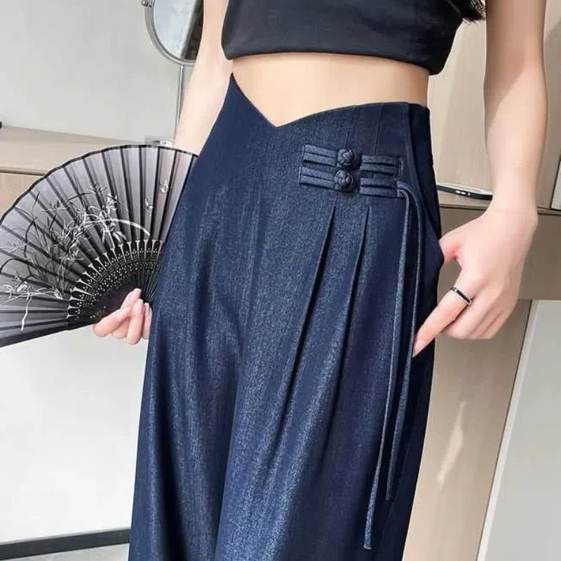 Summer New High Waist Ice Silk Loose Wide Leg Pants Solid Color Simplicity Vintage Straight Pants Fashion Casual Women Clothing