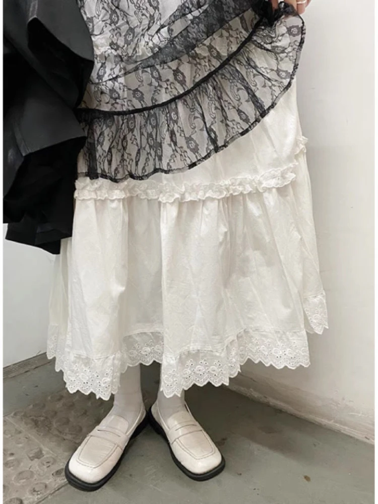 

Korobov White Skirt Lace Edge Cake Long Skirts for Woman High Waist Vintage Y2k Clothes Korean Fashion Faldas Para Mujeres