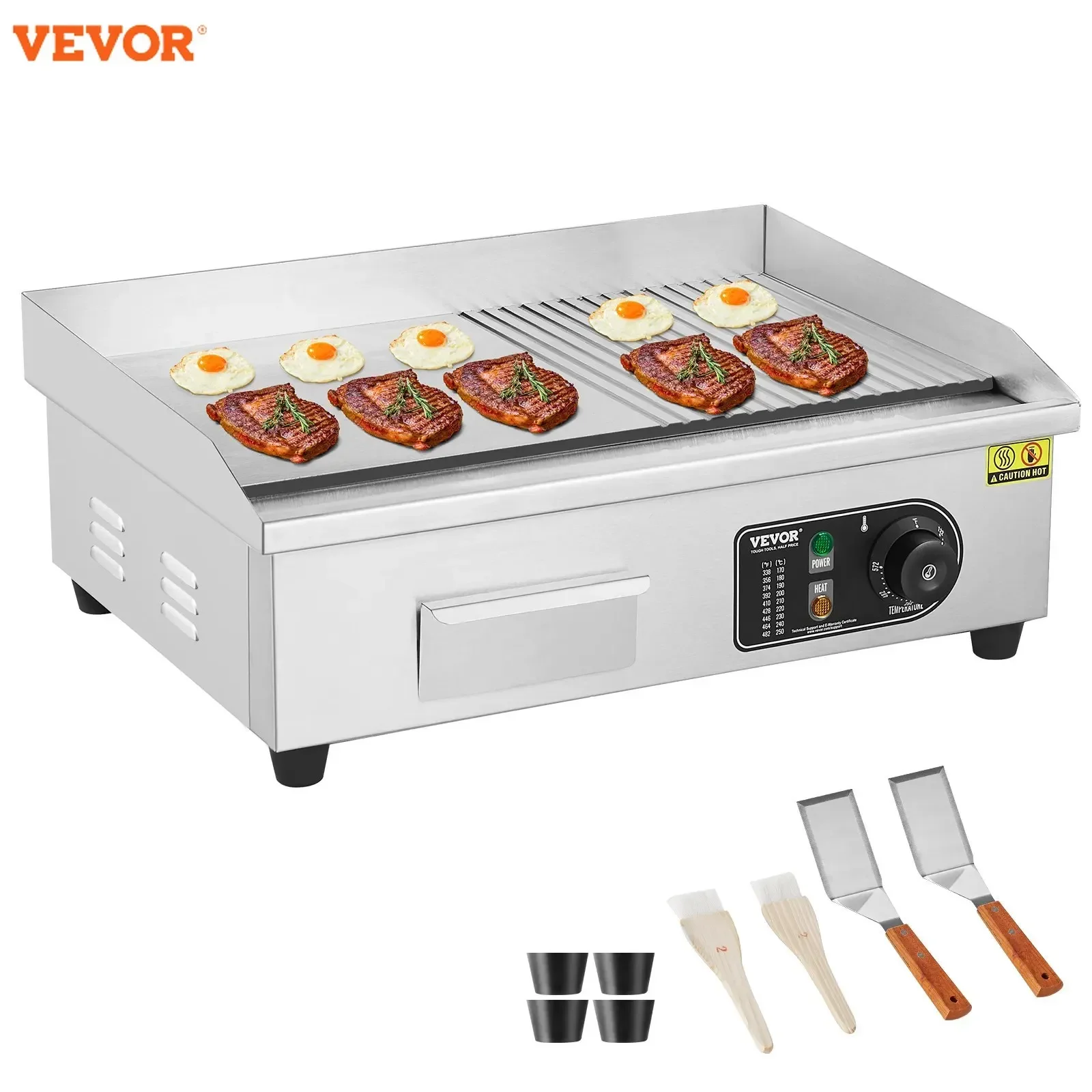 VEVOR Commercial Electric GriddleCountertop Half-Flat Top Grill122℉-572℉ Adjustable Temp Stainless Steel Griddle Grill