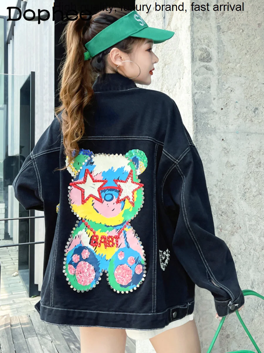 Cartoon Beaded Cute Rhinestone Bear Loose Denim Women's Western Style Black Jean Jacket Coat Top 2023 New Autumn Clothes