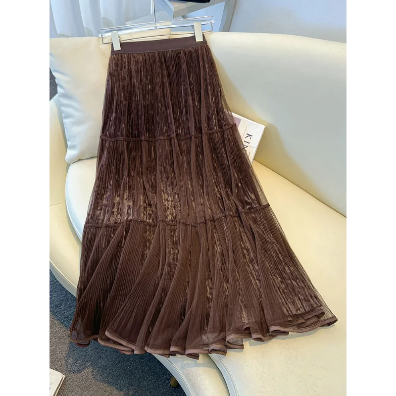 

Осенне-зимняя плиссированная юбка, винтажная женская новая сетка, бархатная юбка трапециевидной формы кофейного цвета, модная элегантная юбка