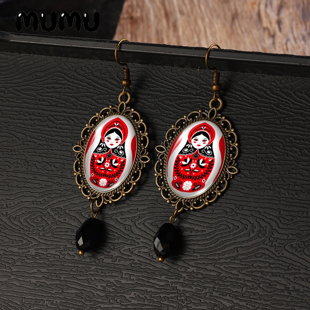 2025 New Matryoshka Doll Retro Lace Earring Oval Dangle Earrings Handmade Glass Dome Jewelry Gifts