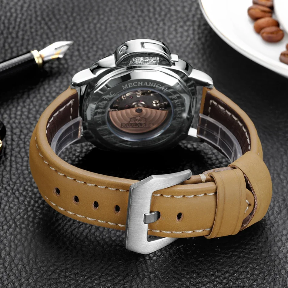 ساعة أوتوماتيكية للرجال حركة ميكانيكية جلد بني أصلي أصفر أخضر فاخر ذهبي وردي عسكري
