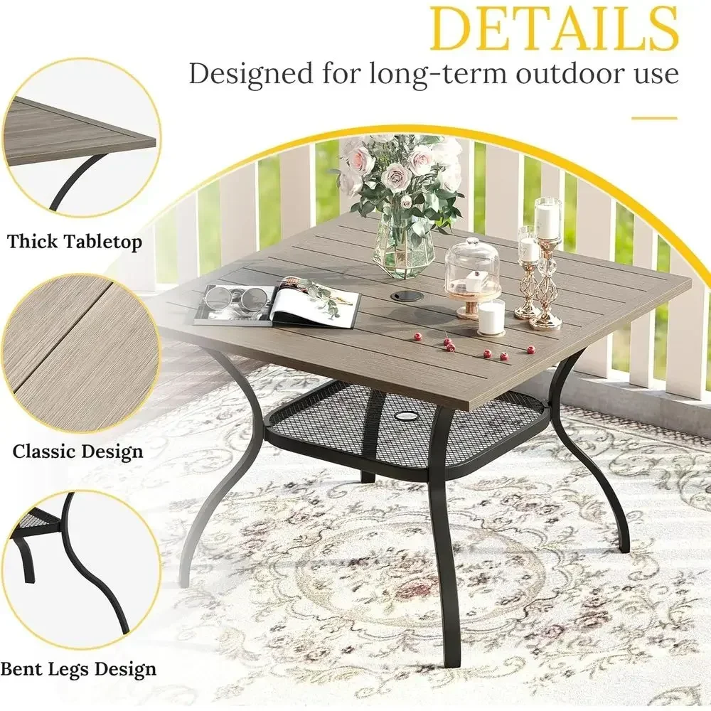 5-Piece Outdoor Dining Set with 37.8 Square Table and 4 Swivel Chairs, Grey Wood Grain and Fabric
