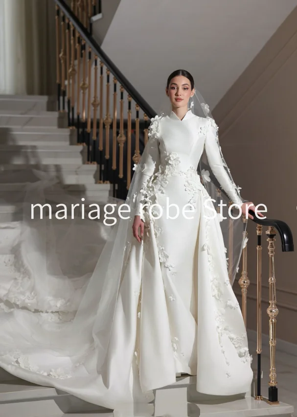 Luxury Mermaid Islam Arabic Princess Wedding Dresses with Overskirt Long Sleeve 3D Floral High Neck Bridal Gown Garment Customiz