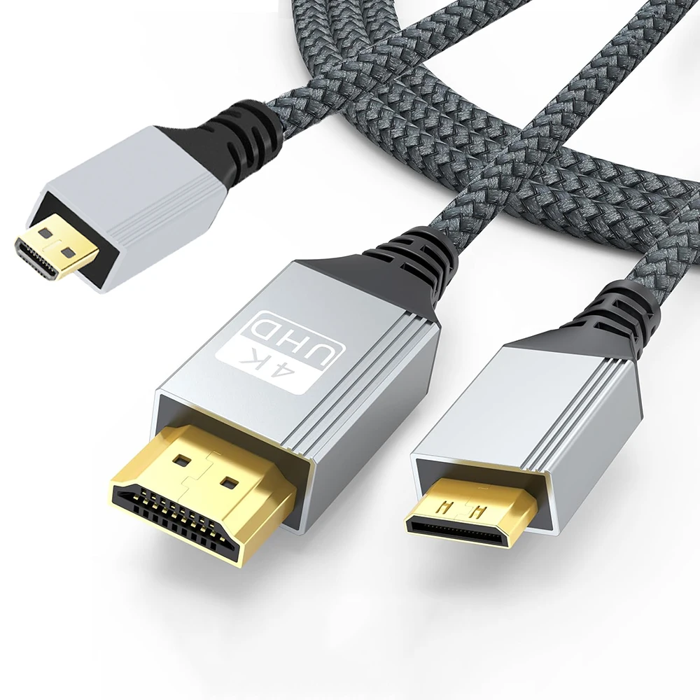 0.3M/1FT Mini/Micro HDMI-compatible2.0 Bidirectional Transmission 4K@60Hz UHD Braided Cable for DSLR Camera Laptop Monitor HDTV