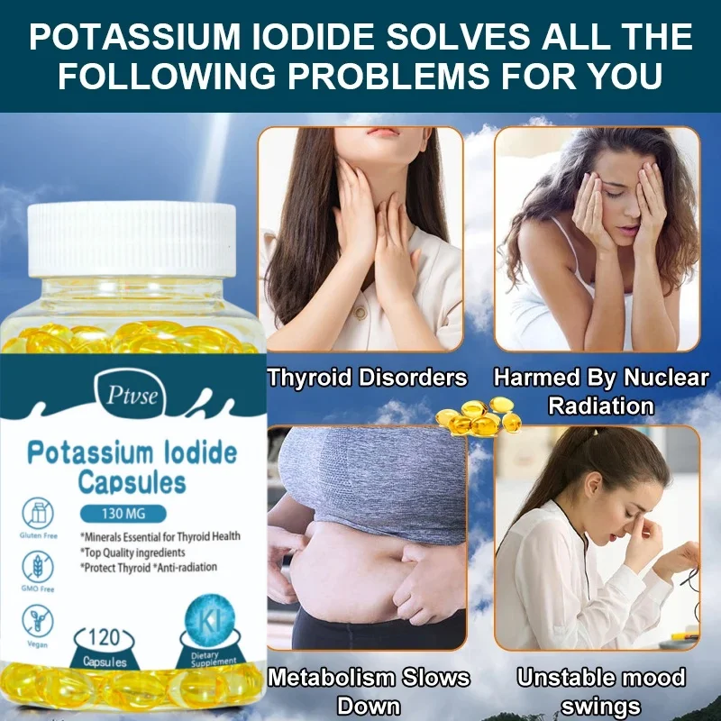 Ptvse Potassium Iodide Capsules KI (Stable Iodine) 130 mcg per Day - Thyroid Support Supplement