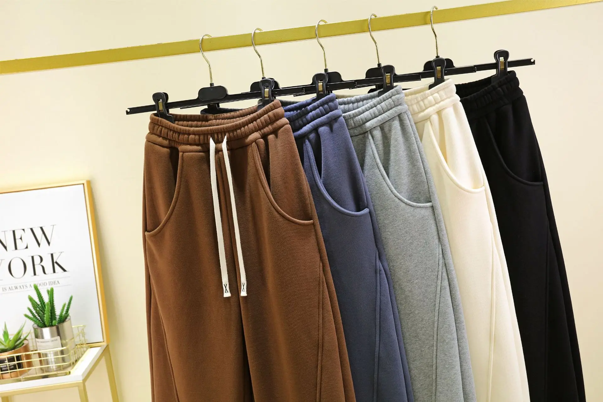 Pants Women High Waist Baggy Wide Leg Sweatpants Thickening Straight Drawstring Warm Stitching Straight Trousers