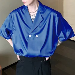 Niche Cuban Collar Short Sleeve Shirt Men Summer Thin Design Ice Silk Drape Shirts Korean Fashion Satin Blouse Unisex Streetwear