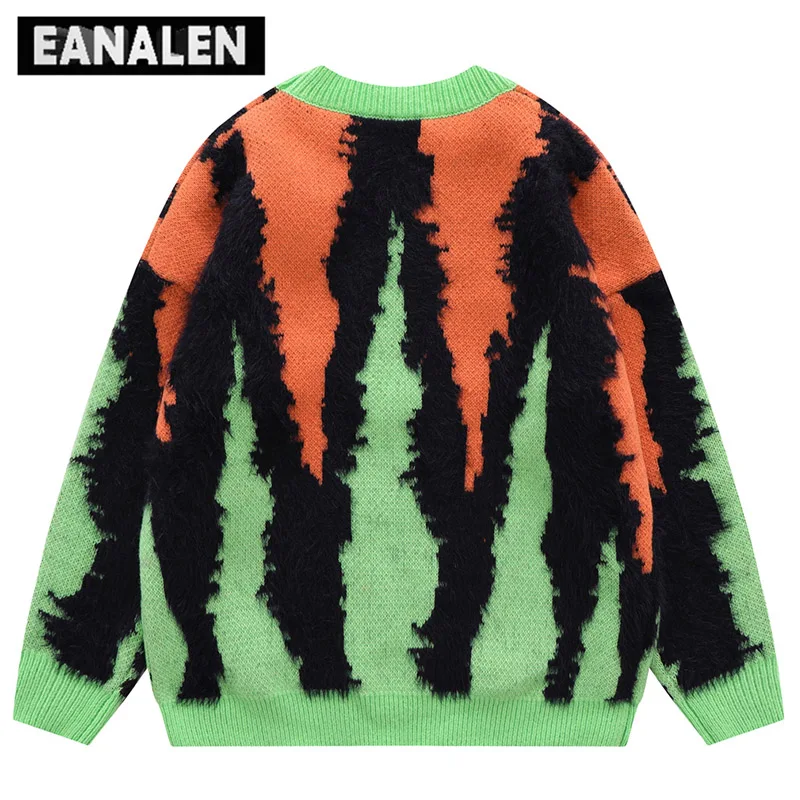 Harajuku Vintage Green Orange Knitted Sweater Men\'s Street Oversized Jumper Pullover Thick Sweater Grandpa Ugly Sweater Women\'s