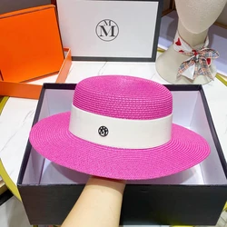 Summer sun hat flat top French straw hat elastic ribbon M letter decorative travel hat Sun hat wholesale  cap for women