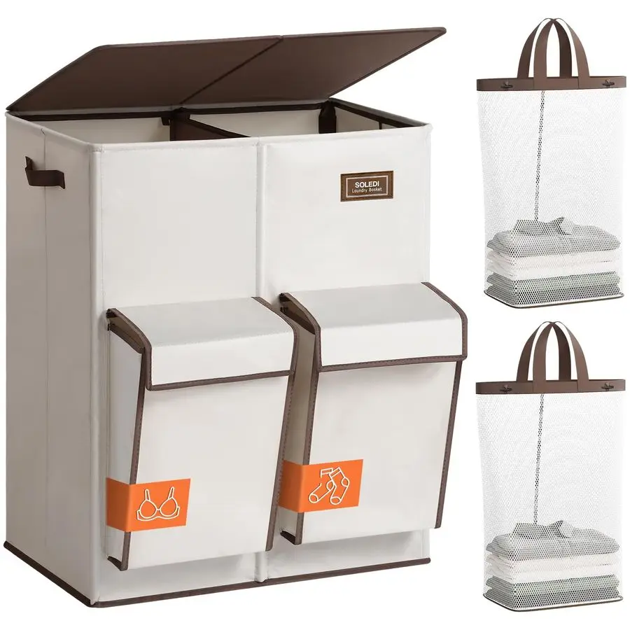 

Двойная корзина для белья с крышкой, 180 л (47,8 галлонов), большая корзина для грязного белья с 2 секциями и 2 боковыми карманами, съемная корзина для грязной одежды