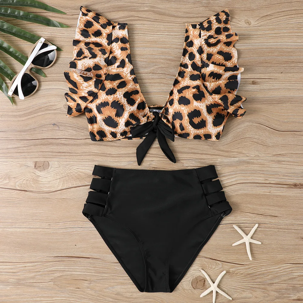 

Sexy Fashion Ruffle Bikinis Sets High Waist Swimsuit Two Pieces Leopard Bathing Suits Padded Swimwear Cut Out Biquini Beachwear