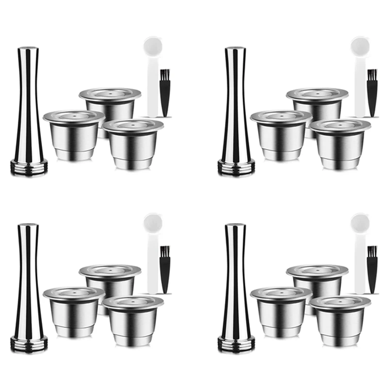 

Capsules Reusable, Stainless Steel, 12 Pieces Refillable Pads For Nespresso + 4 Tamper + 4 Spoon + 4 Brush