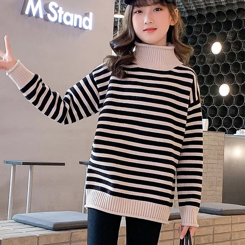 

Новинка 2025 года, полосатые свитера для девочек-подростков, хлопковые вязаные топы с длинными рукавами и высоким воротом, детский пуловер, осенне-зимняя одежда для детей от 5 до 14 лет