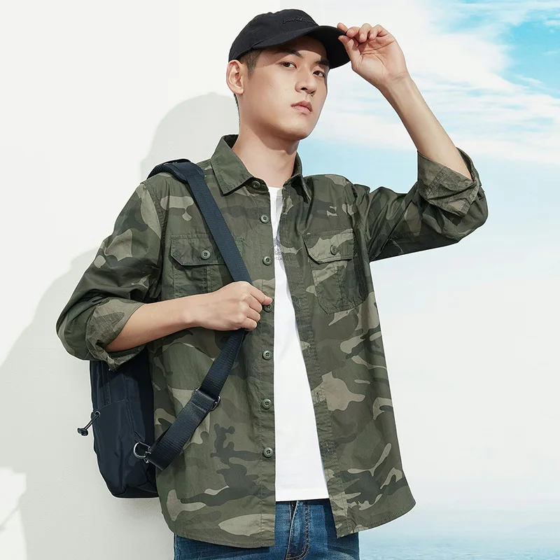 

Men's Spring/Summer Pure Cotton Long Sleeve Shirt Workwear Style Loose Fit Casual Camouflage Outdoor Clothing