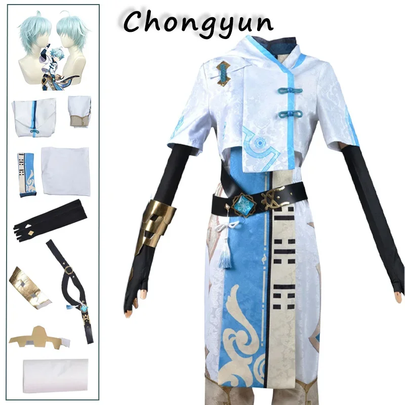 2025 New Chongyun Genshin Impact Costume Uniform Outfit Cosplay Chun Yun Wig Halloween Party Fancy Dress for Men Wom abc