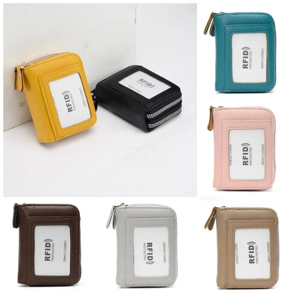 Fashion Multi-Functional Organ Card Bag RFID Anti-Degaussing Double Zipper Coin Pouch Solid Color PU Leather Purse Girl