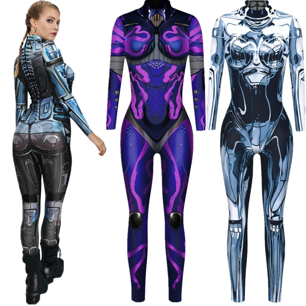 

Robot Punk Skeleton Cyberpunk Steampunk Sexy Slim Jumpsuit Catsuit Cosplay Costumes Zentai Women Bodysuit Fancy Dress Halloween