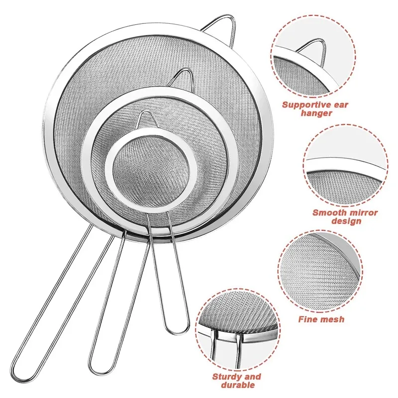 Tamiz de filtro de malla, cuchara ranurada de acero inoxidable, juego de cocina de 3 coladores finos, mango largo para cocinar, tamizar y freír