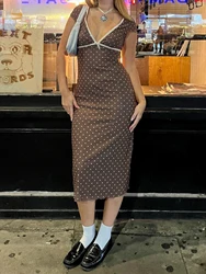 Sweetown French Y2K Bow Cute V Neck Dot Print Midi Dress Women Brown Vintage Elegant Sweet 2000s Summer Vacation Clothing