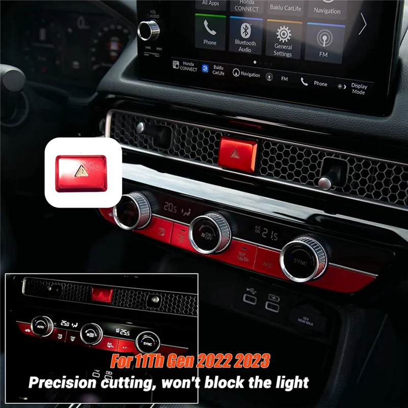 B04B-Car Warning Emergency Light Switch Button Cover Sticker Trim Parts For Honda Civic 11Th Gen 2022 2023 Aluminum Alloy Silver