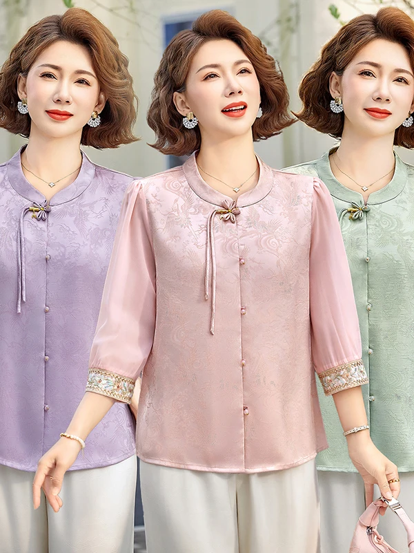 

New 2026 Chinese Style Seven-Quarter Sleeve Shirt Fashionable Middle-Aged Women Loose Slimming Top Breathable Wear Resistant