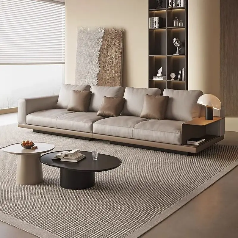 Leather large flat living room sofa first floor small apartment cowhide straight row