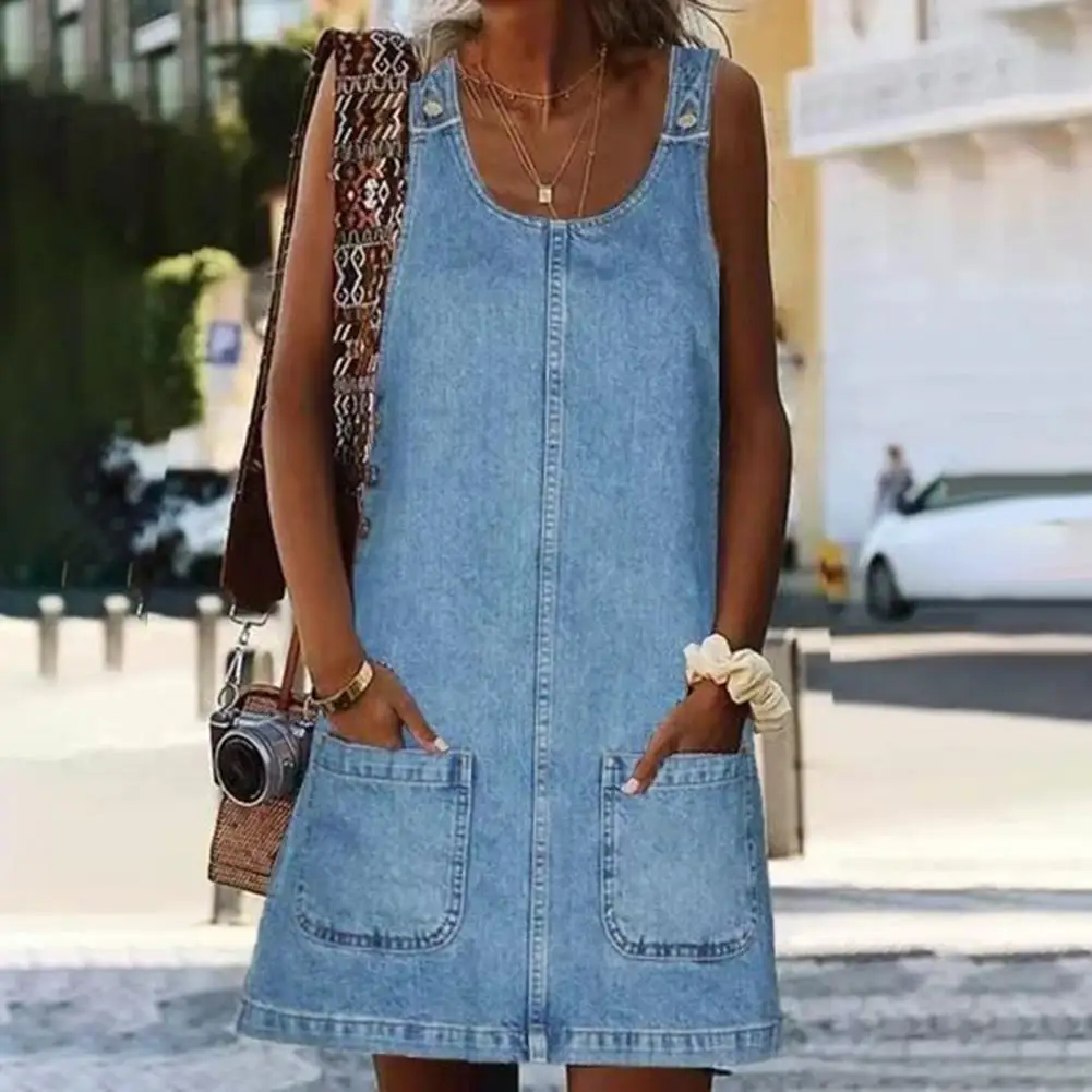 Women Faux Denim Dress Solid Color Wide Shoulder Strap Suspender Mini Dress Youthful Skin-touch Above Knee Pullover Summer Dress