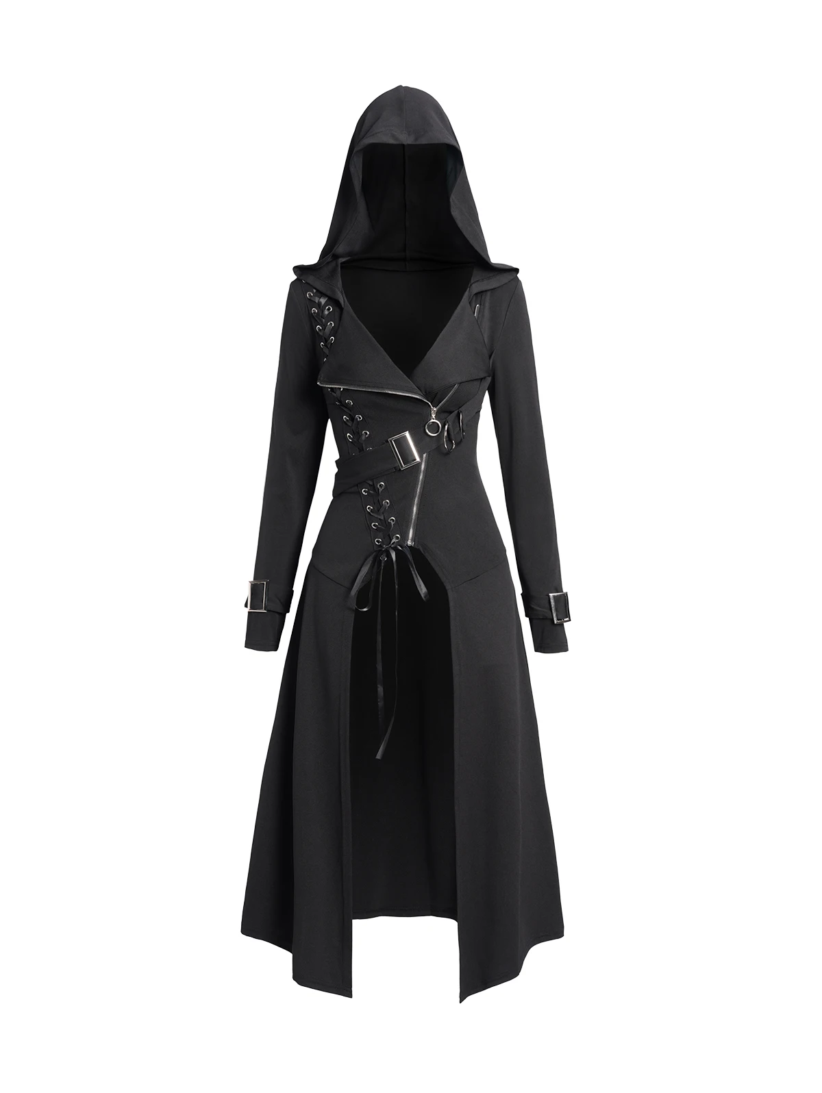 Fall New Punk Gothic Hooded Coat Plain Color Lace Up Zip Overcoat For Women Long Sleeve Trench Longline Outwear тренч женский