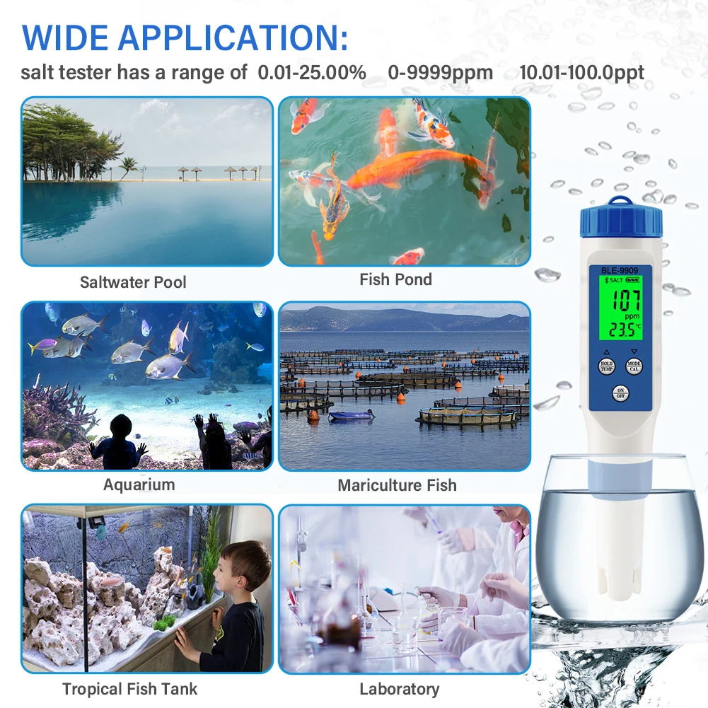 Digital Smart Bluetooth Seawater Salinity Meter Salt Tester Monitor for Aquariums Pool Fish Tank Seafood Aquaculture 0.1-200ppt