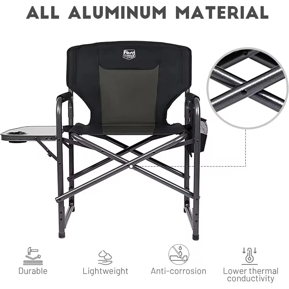 Lightweight Oversized Camping Chair,Portable Aluminum Directors Chair with Side Table Detachable Side Pocket for Outdoor Camping